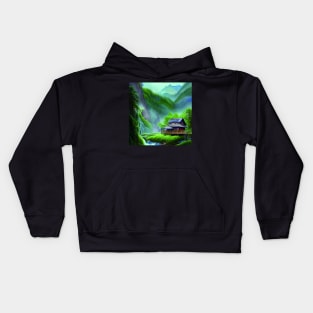 Digital Painting of a Beautiful Blue cottage Tree house near River and Greenery Mountains Kids Hoodie